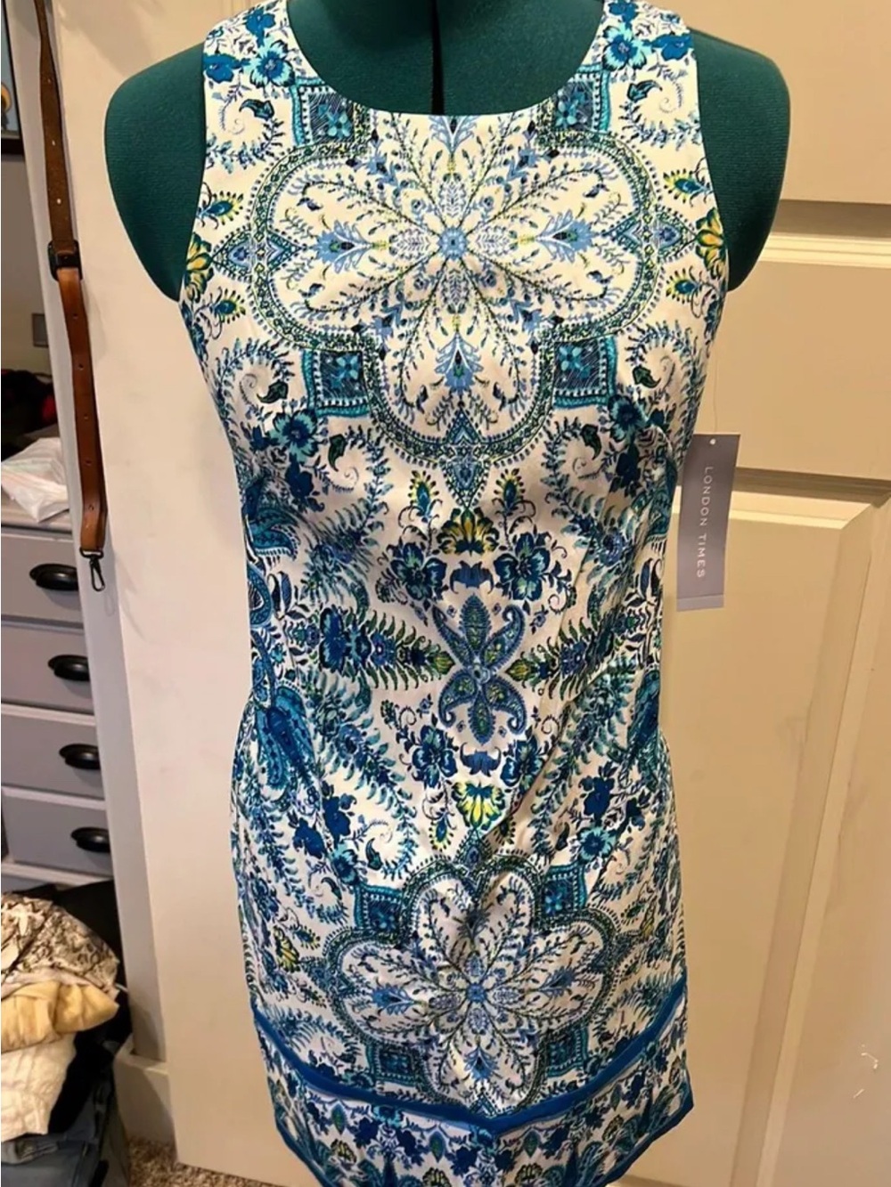 London Times Blue Green White Printed Sheath Dress
